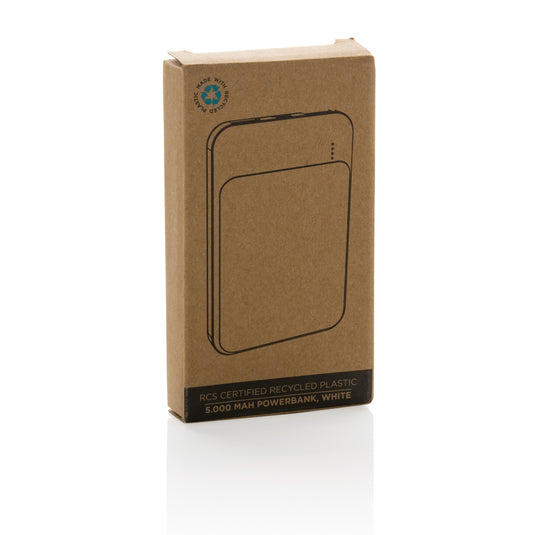 XD Collection RCS recycled plastic 5000mAh powerbank for phones and tablets, showing the compact portable design.