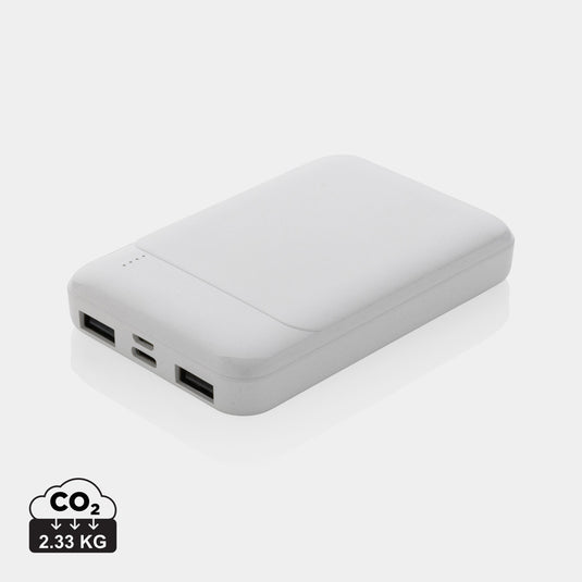 XD Collection recycled plastic powerbank with 5,000 mAh capacity for phones and tablets, shown with charging port and compact design.