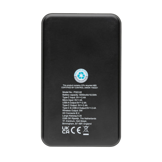 XD Collection RCS recycled plastic 5000mAh wireless powerbank with 5W charging for phones and tablets, portable phone accessory.