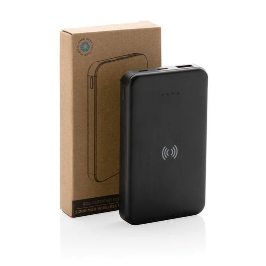 XD Collection RCS recycled plastic 5,000 mAh wireless powerbank with 5W charging for phones and tablets, compact design.