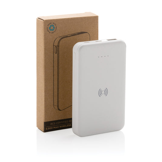 XD Collection recycled plastic 5,000mAh wireless powerbank for phones and tablets, with 5W charging, in a compact design.