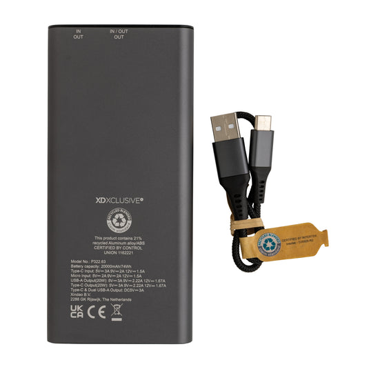 XD Xclusive Terra RCS recycled 20W aluminium powerbank with 20,000mAh capacity, designed for phones and tablets.