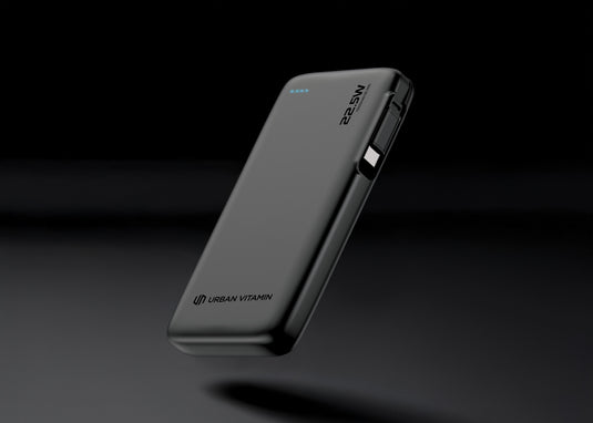 Urban Vitamin Emeryville 20W 10,000mAh powerbank with USB ports for charging phones and tablets, showing sleek design and branding.