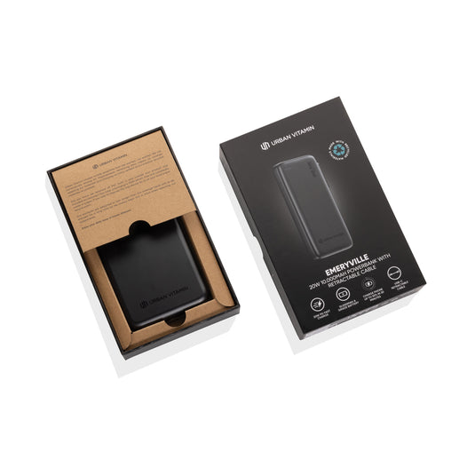 Urban Vitamin Emeryville 20W 10,000mAh powerbank for phones and tablets, portable charging device with compact design.