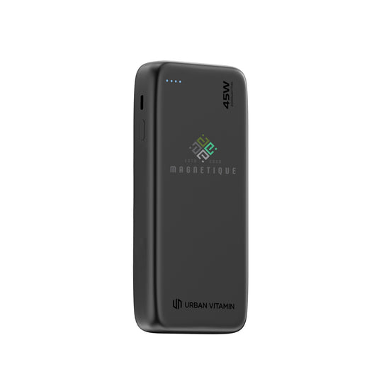 Urban Vitamin San Mateo 45W 20,000mAh powerbank for phones and tablets, shown with charging ports and sleek design.