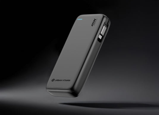 Urban Vitamin San Mateo 45W 20,000mAh powerbank charging phone and tablet, compact portable phone and tablet accessory.