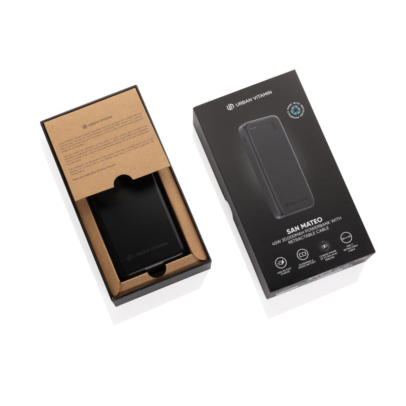 Load image into Gallery viewer, Urban Vitamin San Mateo 45W 20,000mAh powerbank with USB ports, designed for phones and tablets, shown with charging cables.
