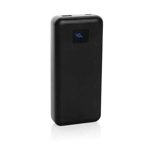 XD Collection Gridley RCS plastic 20000mAh 65W laptop powerbank with USB-C and power buttons, designed for phone and tablet charging.