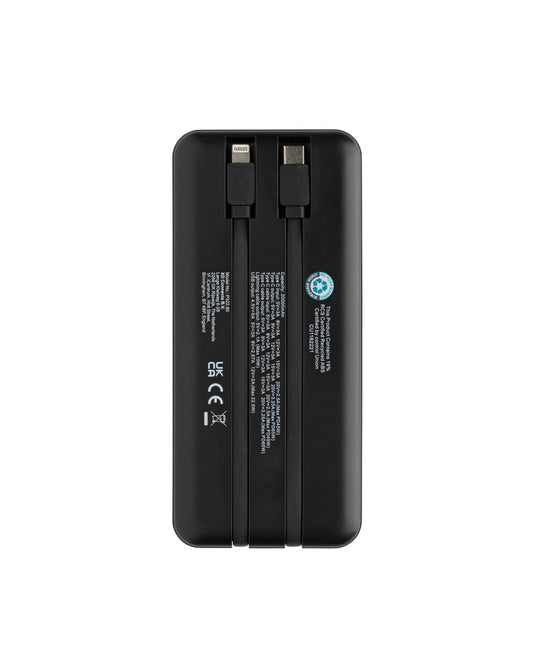 XD Collection Gridley RCS plastic 20000 65W laptop power bank with USB ports for charging phones and tablets.
