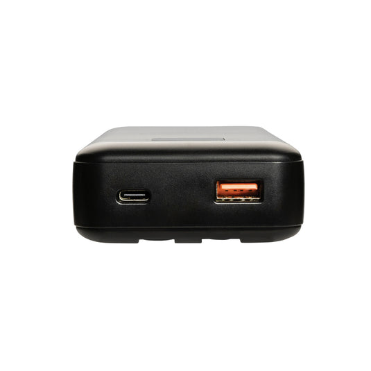 XD Collection Gridley RCS plastic 20000mAh 65W laptop power bank with USB ports for phone and tablet charging.