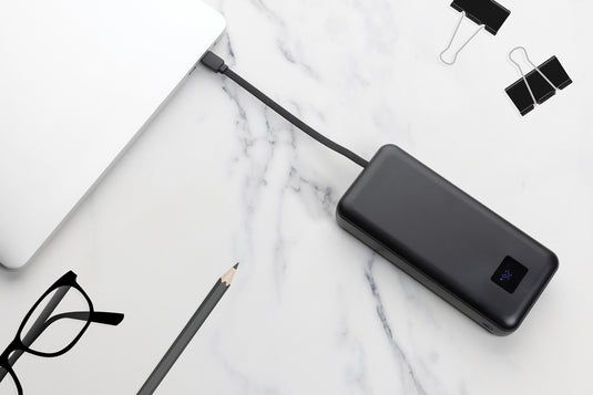 XD Collection Gridley RCS 20000mAh 65W laptop power bank for phones and tablets, shown with USB and charging ports.