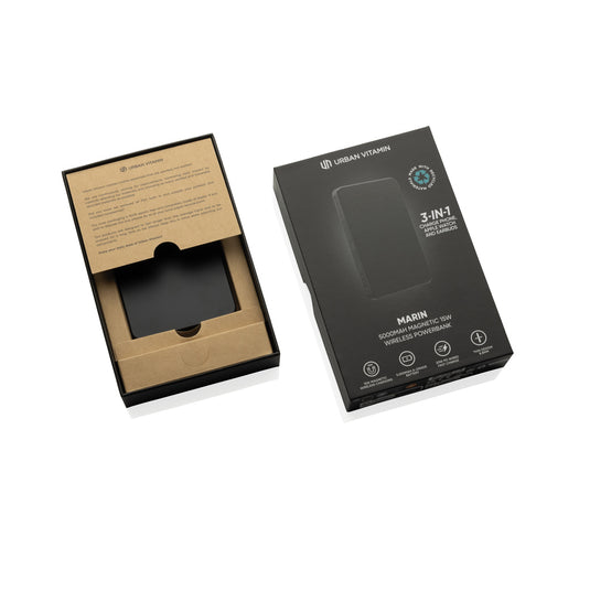 Urban Vitamin Marin wireless powerbank with 15W magnetic charging for phones and tablets, featuring a sleek design and USB-C port.