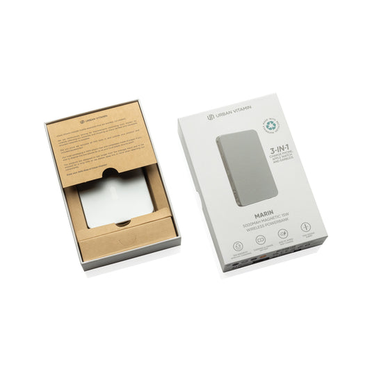 Urban Vitamin Marin 5000mAh magnetic wireless powerbank for phones and tablets, showing a compact device with magnetic attachment.