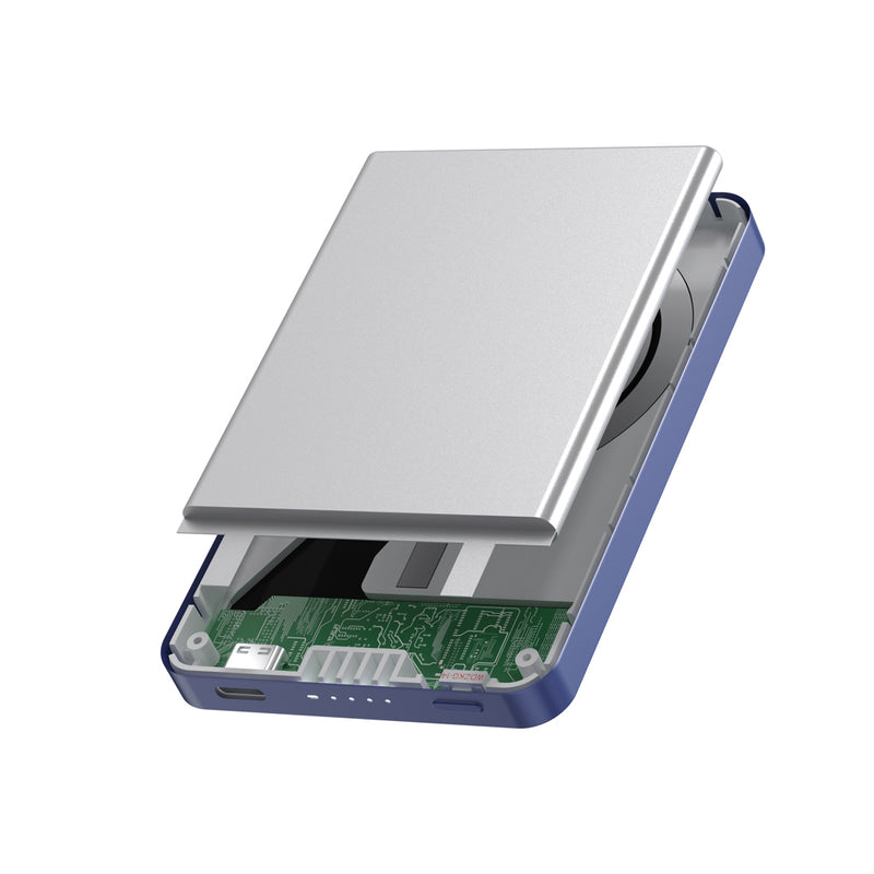Load image into Gallery viewer, Urban Vitamin Marin 5000mAh magnetic wireless powerbank attached to a phone, showcasing portable charging for phones and tablets.
