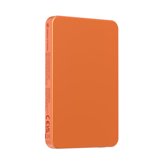 Urban Vitamin Marin 5000mAh magnetic wireless powerbank for phones and tablets, with 15W fast charging, shown with device attached.
