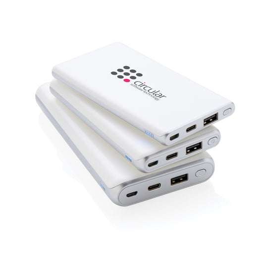 XD Collection 10,000 mAh fast powerbank with Power Delivery for phones and tablets, shown with charging ports and sleek design.