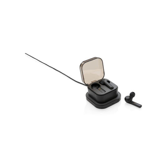 XD Collection wireless TWS earbuds with charging case, compact and sleek for portable audio listening.