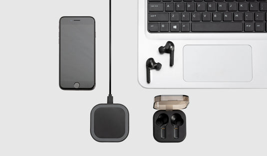 XD Collection TWS wireless earbuds in charging case, compact black audio earbuds with charging port and sleek design