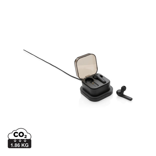 XD Collection TWS wireless earbuds in charging case, compact audio earbuds with charging case, black and sleek design