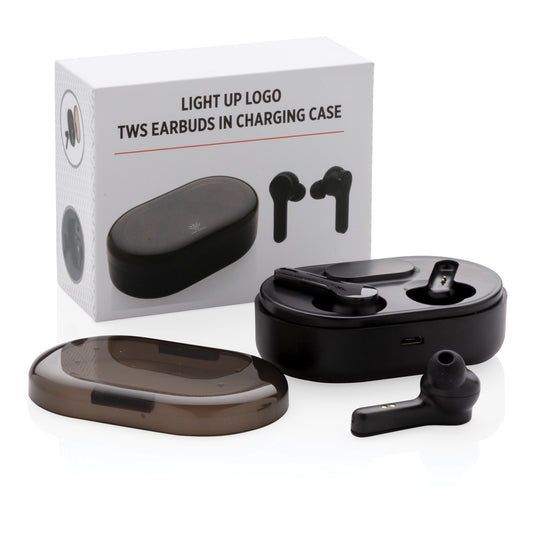 Light up logo TWS earbuds in charging case - Custom Wood Designs