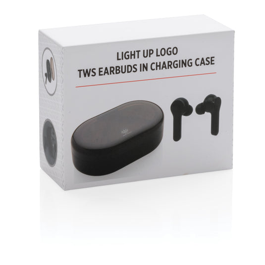 Light up logo TWS earbuds in charging case - Custom Wood Designs