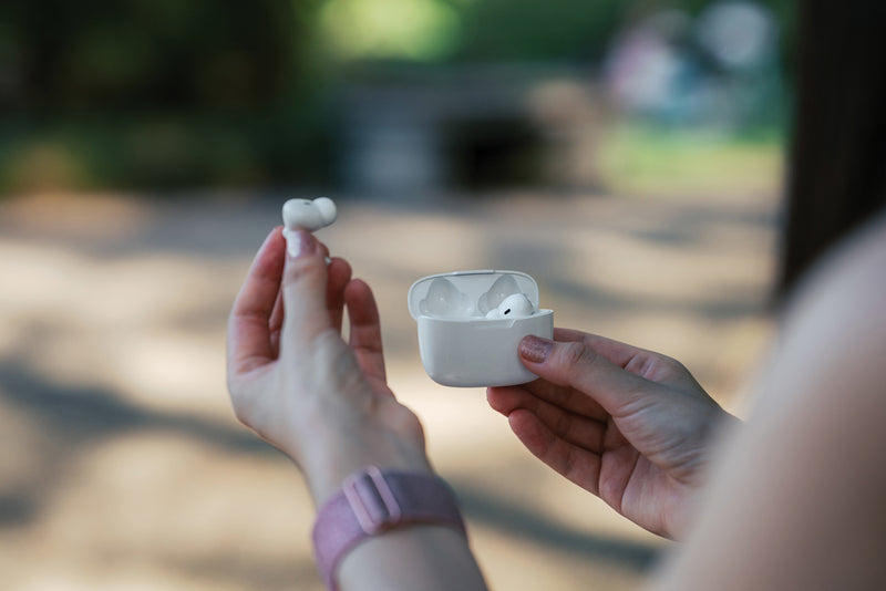 Load image into Gallery viewer, RCS recycled plastic Liberty Pro wireless earbuds by XD Collection, compact black audio earbuds with charging case.
