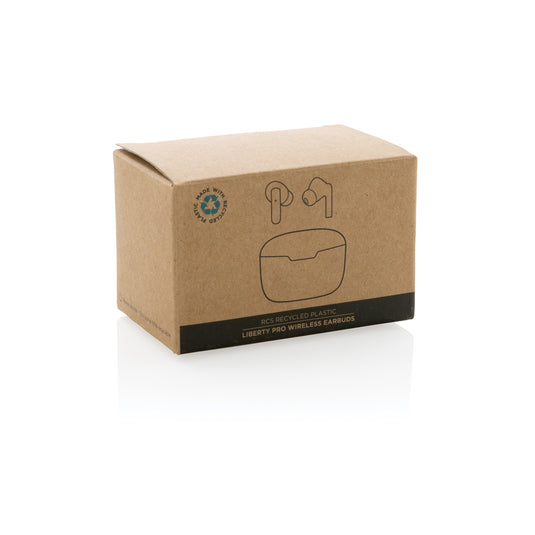 XD Collection Liberty Pro wireless earbuds made from recycled plastic, shown in black with charging case and ear tips.