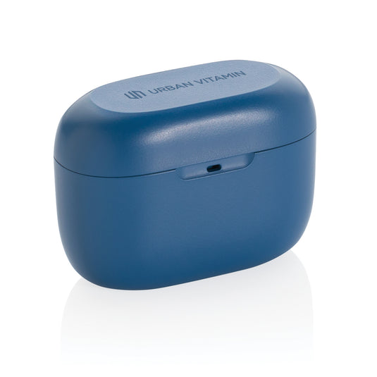 Urban Vitamin Napa earbuds in black, wireless audio earbuds with sleek design, shown from the front with charging case.