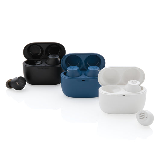 Urban Vitamin Napa earbuds in black, showcasing sleek in-ear design with silicone tips and compact charging case.