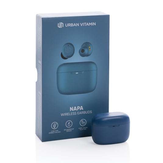 Urban Vitamin Napa earbuds in black, showing sleek in-ear design with cords and inline remote on a white background.