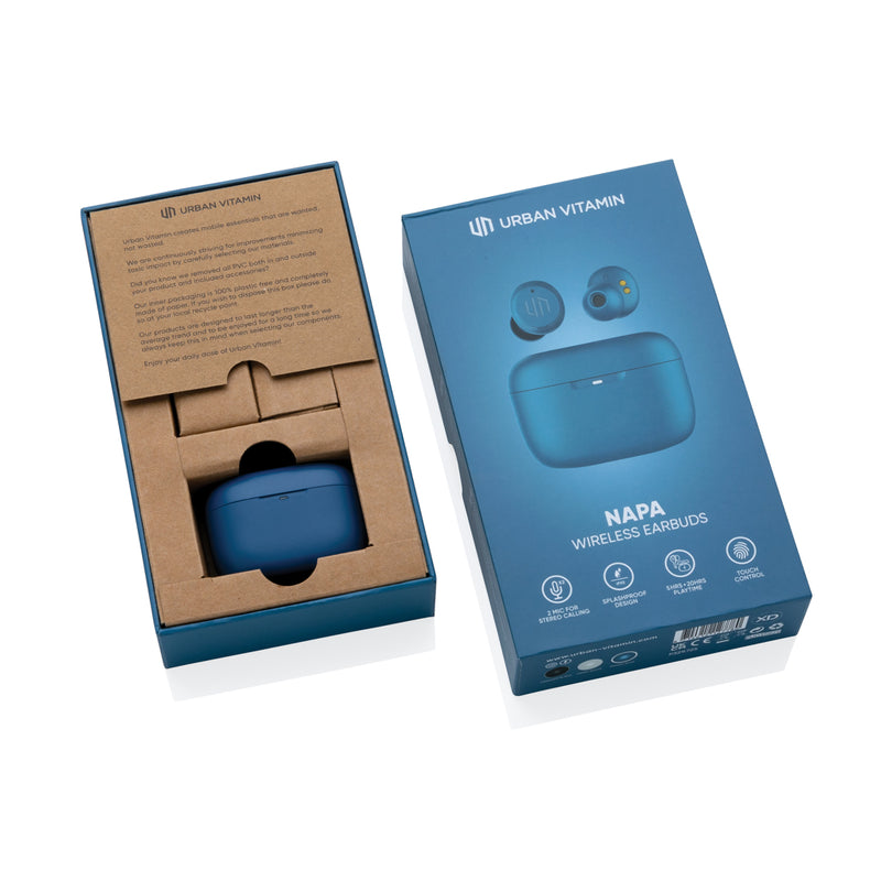 Load image into Gallery viewer, Urban Vitamin Napa earbuds lying on a wooden surface, showcasing sleek black in-ear headphones with inline microphone.
