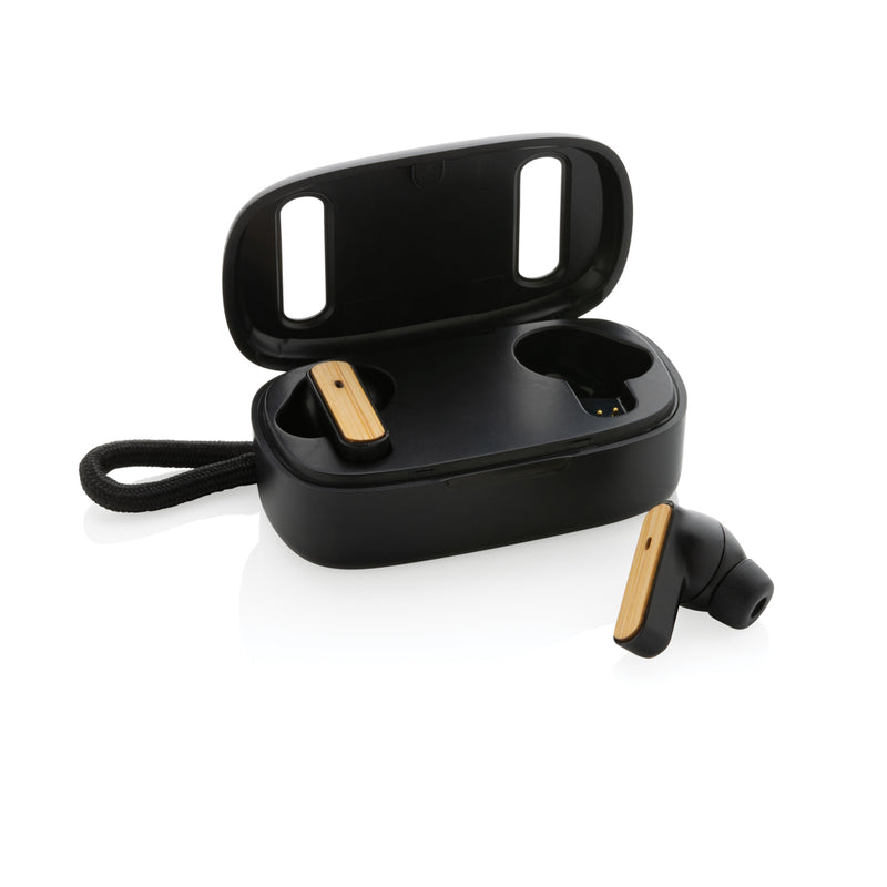 Load image into Gallery viewer, XD Collection RCS recycled plastic and bamboo TWS earbuds, wireless audio earbuds with eco-friendly design and sleek charging case.
