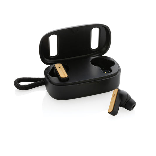 XD Collection RCS recycled plastic and bamboo TWS earbuds, wireless audio earbuds with eco-friendly design and sleek charging case.