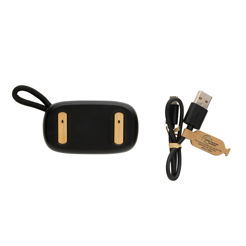 Load image into Gallery viewer, XD Collection RCS recycled plastic and bamboo TWS earbuds, wireless audio earbuds with eco-friendly materials, close-up view.
