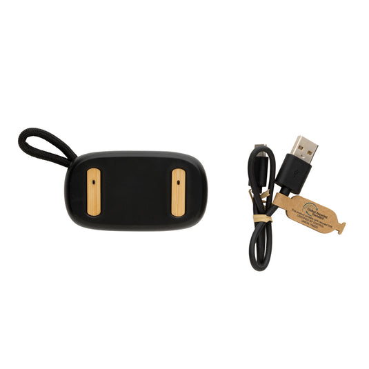 XD Collection RCS recycled plastic and bamboo TWS earbuds, wireless audio earbuds with eco-friendly materials, close-up view.