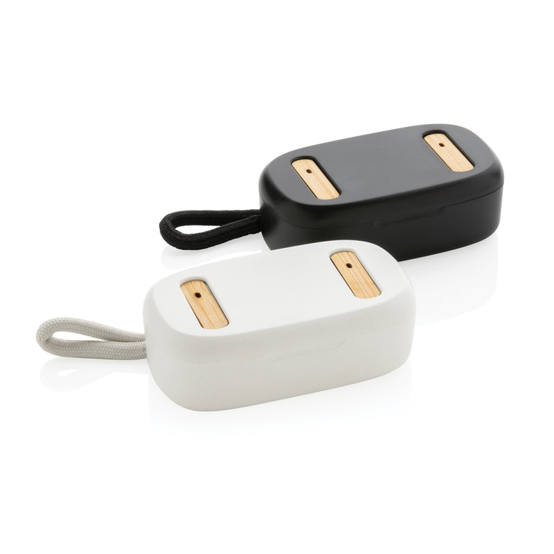 Load image into Gallery viewer, XD Collection RCS recycled plastic and bamboo TWS earbuds, wireless audio earbuds with eco-friendly design and sleek black finish.
