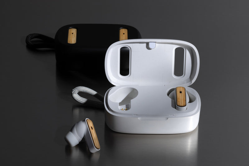 Load image into Gallery viewer, XD Collection RCS recycled plastic and bamboo TWS earbuds, wireless audio earbuds with eco-friendly design and sleek black finish.

