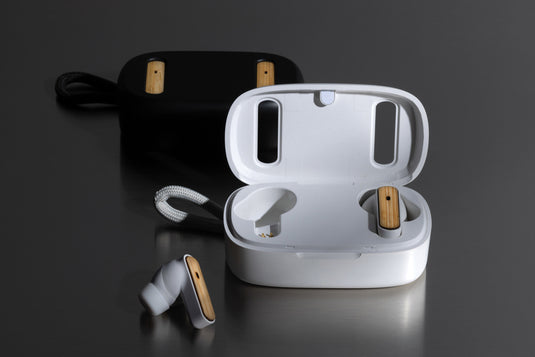XD Collection RCS recycled plastic and bamboo TWS earbuds, wireless audio earbuds with eco-friendly design and sleek black finish.