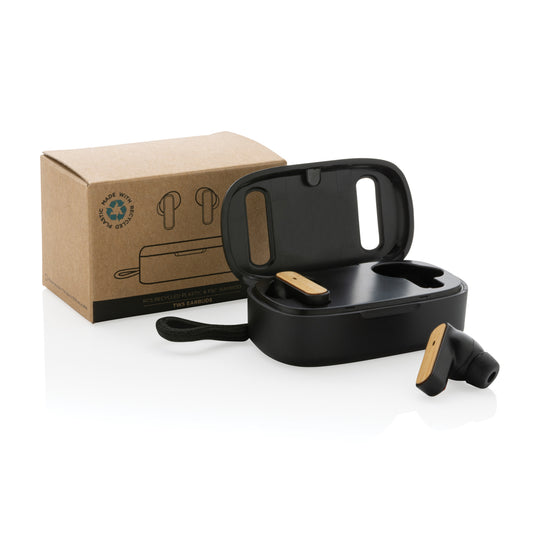 XD Collection RCS recycled plastic and bamboo TWS earbuds with charging case, in black with visible earbud design and branding.