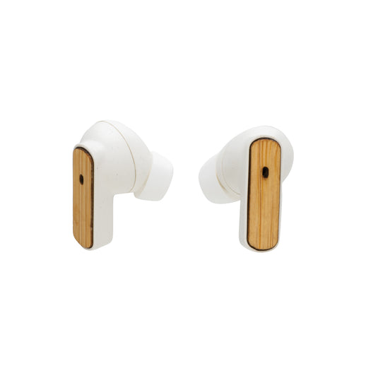 XD Collection RCS recycled plastic and bamboo TWS earbuds resting in charging case, eco-friendly wireless audio earbuds.