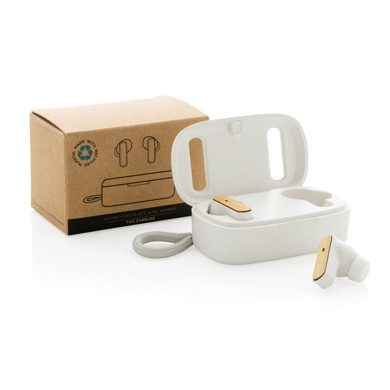 Load image into Gallery viewer, XD Collection RCS recycled plastic and bamboo TWS earbuds, wireless audio earbuds with eco-friendly design and sleek white finish.
