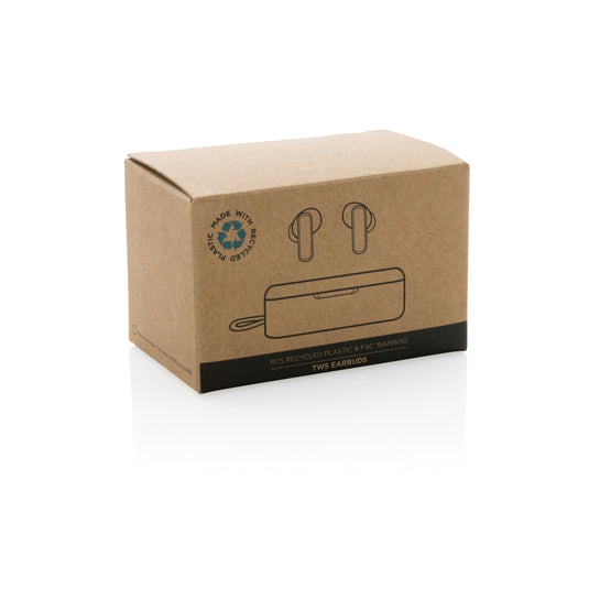 XD Collection RCS recycled plastic and bamboo TWS earbuds, wireless audio earbuds with eco-friendly materials and sleek design.