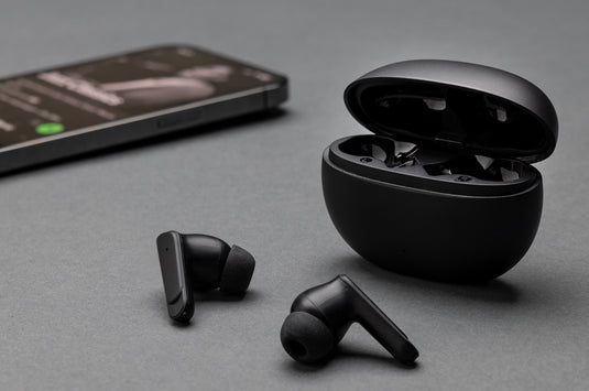 Prolink RCS recycled plastic hybrid ANC/ENC earbud from XD Collection, showing sleek black in-ear audio device with ear tips and controls.