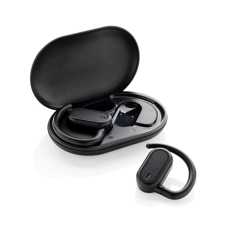 Load image into Gallery viewer, XD Collection Fitsound RCS recycled plastic open ear TWS earbuds for immersive audio, shown in black with sleek design.
