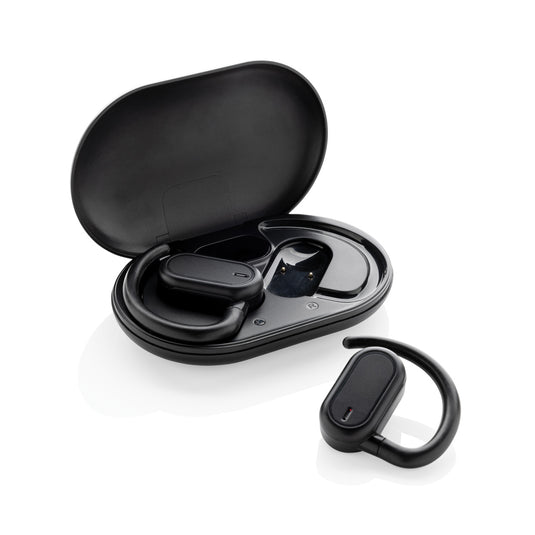 XD Collection Fitsound RCS recycled plastic open ear TWS earbuds for immersive audio, shown in black with sleek design.