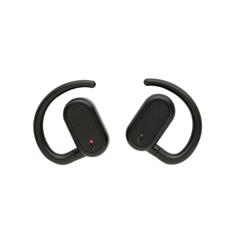 Load image into Gallery viewer, Fitsound RCS recycled plastic open ear TWS earbuds by XD Collection, showing sleek black wireless earbud design with open ear fit

