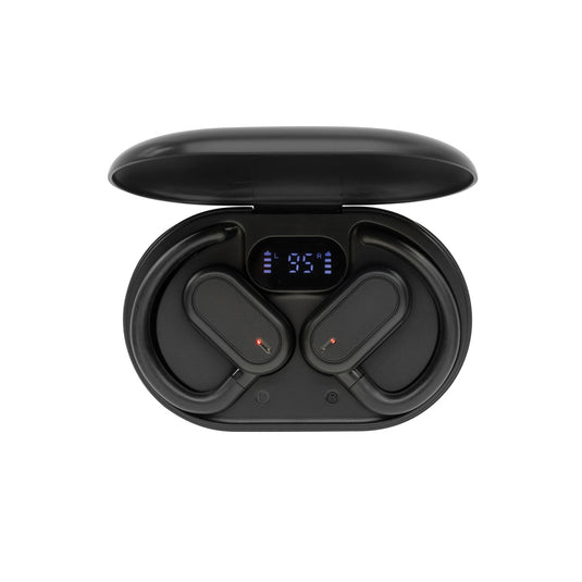 Fitsound RCS recycled plastic open ear TWS earbuds by XD Collection, showcasing sleek black design and open-ear fit.