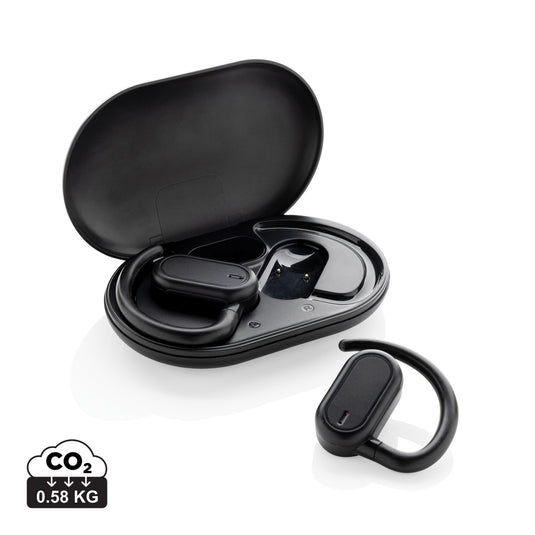 Fitsound RCS recycled plastic open ear TWS earbuds by XD Collection with sleek design and open-ear fit, ideal for comfortable listening.
