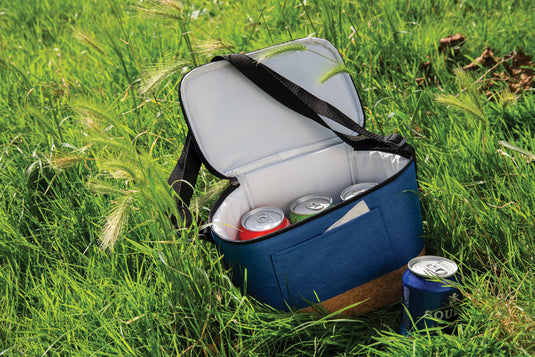 Two-tone outdoor cooler bag with cork detail from XD Collection, featuring insulated interior and stylish design.