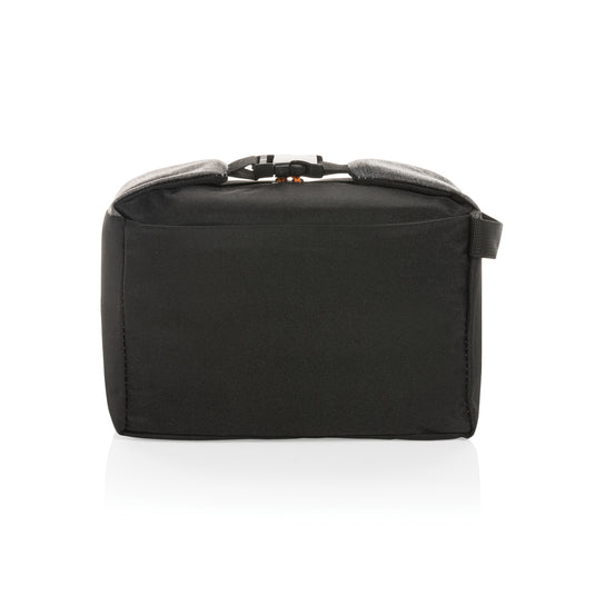 Two-tone XD Collection outdoor cooler bag with insulated compartments for beverages and snacks, black and gray design.
